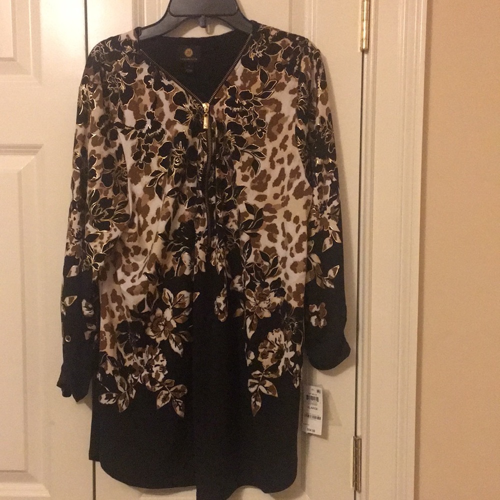 JM Collection zippered neck Wild Garden blouse.